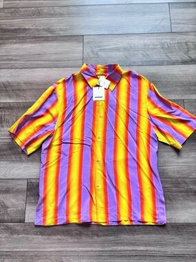 Sandro Men’s Short-Sleeve Striped Button-Up Shirt - Purple & Yellow